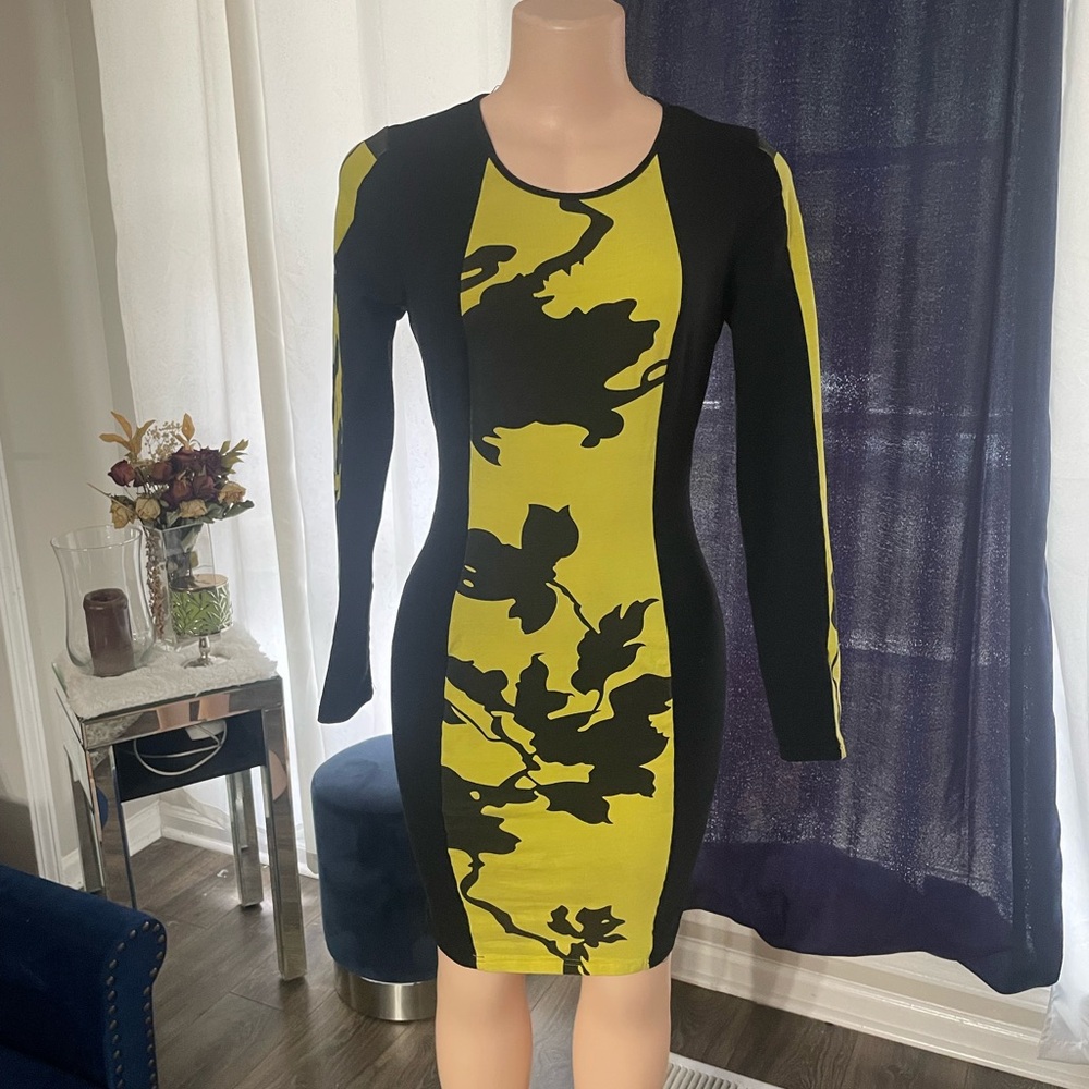 Emage Black and Yellow Floral Women's Dress Stretch Bodycon Medium Beyoncé